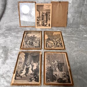 Antique 1800s Early 1900's Biblical Engravings Set 5 w/ Original Frames & Glass